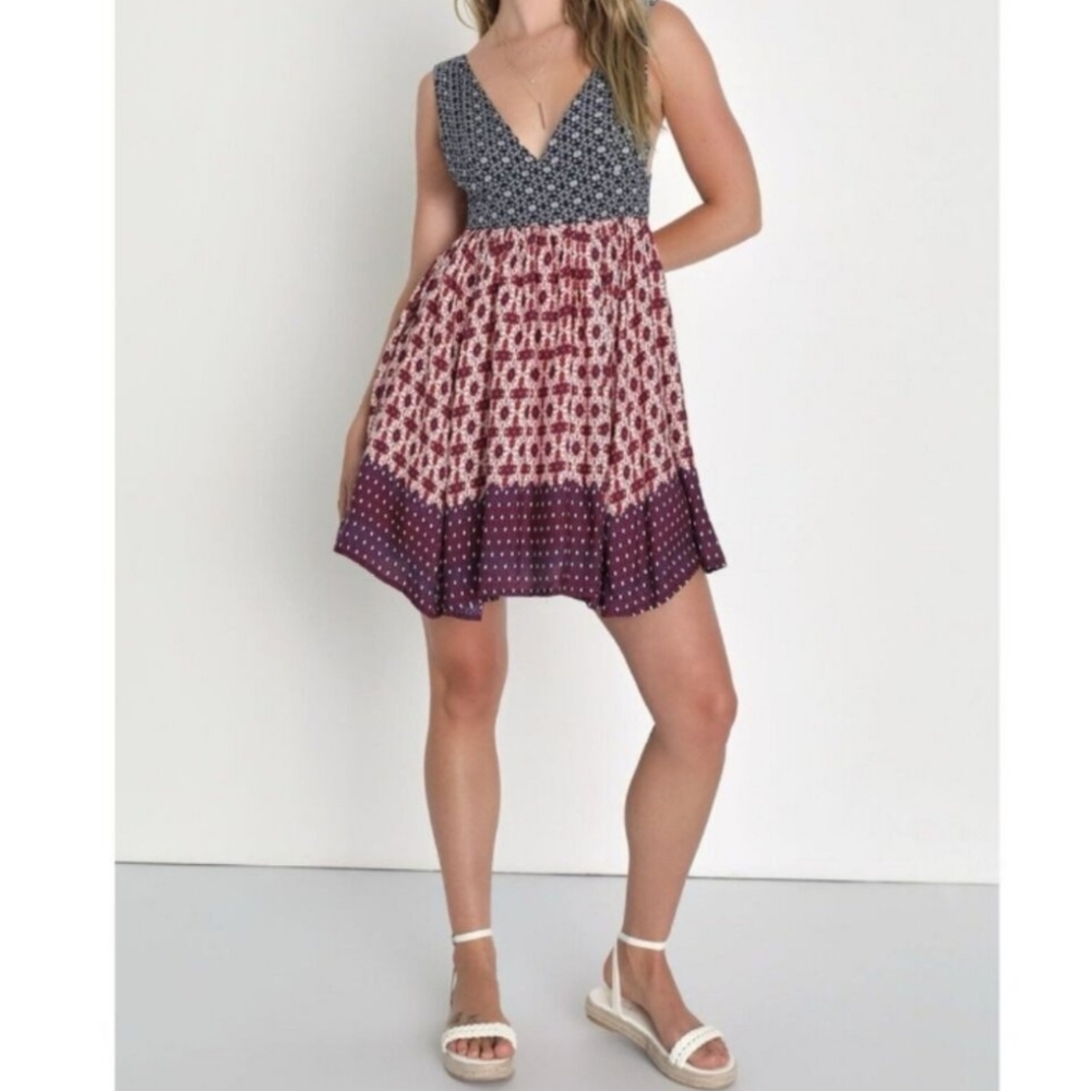 Lulu's Red and Blue Patterned Mini Dress